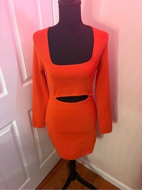 Endless Rose Bright Orange Long-Sleeve Cutout Bodycon Dress